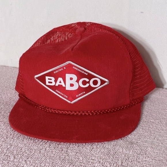 Vintage Babco Red Corduroy Mesh Back Snap Back Trucker Hat - Picture 1 of 9